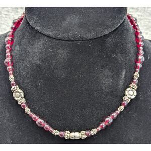 Glass Bead Necklace, Dark Red Glass and Silver-tone, Flowers, Lobster Clasp
